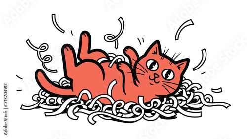 Playful Kitten Cartoon: An adorable, orange kitten revels in a joyous moment, playfully amidst paper streamers.