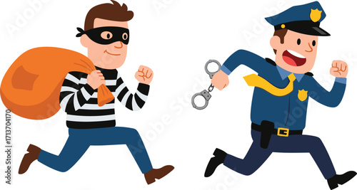 Cartoon thief running with money bag, police officer chasing with handcuffs, funny crime chase scene, vector illustration