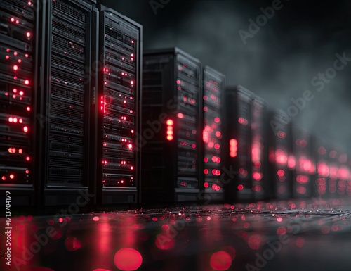 A row of dark server racks illuminate with red lights, set against a smoky, dark background, reflecting on a glossy floor