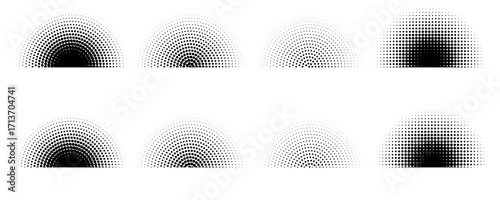 Halftone dotted semicircles. Set of vector gradient effect spotted overlay abstract round elements