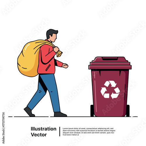 Man Carrying Recycling Bag Towards Bin Eco-Friendly Lifestyle Illustration