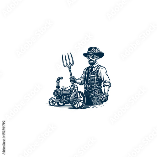 engraving style illustration of a Victorian-era gentleman or farmer with a mustache, wearing a top hat and goggles, holding a pitchfork next to a small steampunk-style steam engine or machine