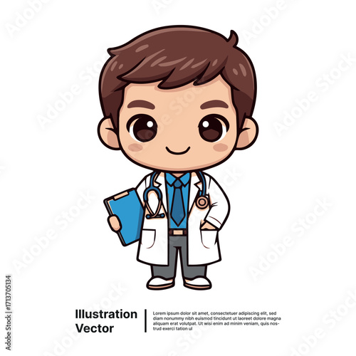 Cute cartoon doctor with stethoscope and clipboard, professional healthcare illustration