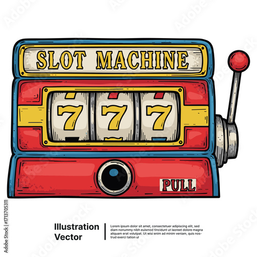 Vibrant Hand-Drawn Triple Sevens Jackpot on a Classic Slot Machine Vector Illustration of Luck and Success