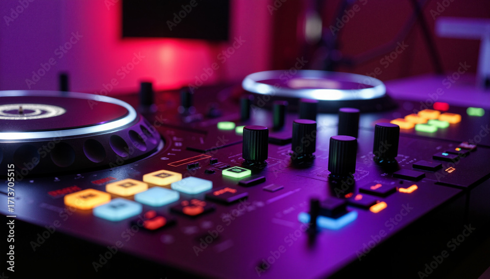 Obraz premium DJ controller with colorful lights in music studio at night 