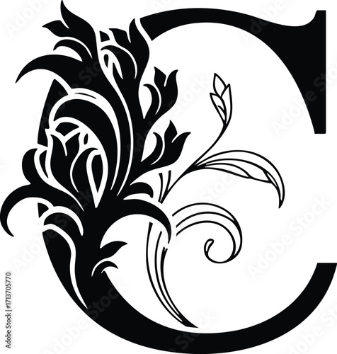 A Artistic stylized black letter Floral botanical alphabet "C" with floral design showcasing elegance and creativity in typography,  Letter with plants and flowers. Vector lettering isolated appearanc