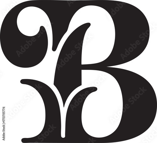 A Artistic stylized black letter Floral botanical alphabet "B" with floral design showcasing elegance and creativity in typography,  Letter with plants and flowers. Vector lettering isolated appearanc
