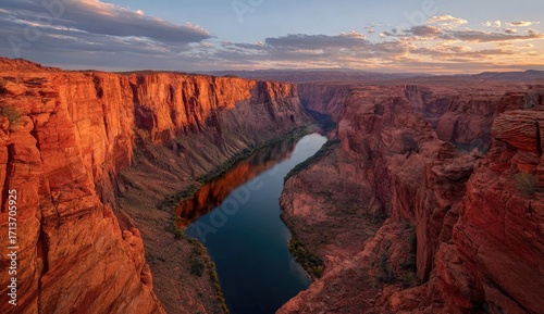 Canyon river sunset, dramatic cliffs