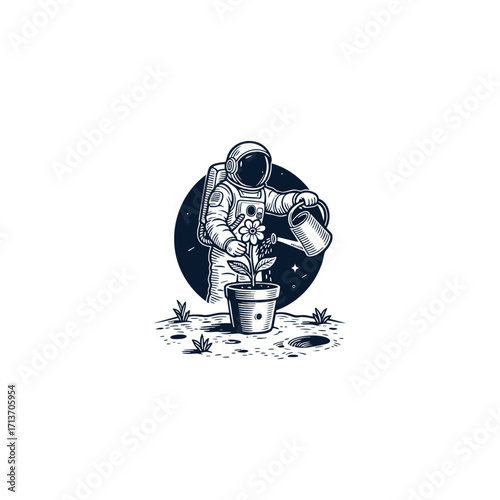 illustration featuring an astronaut in a spacesuit watering a potted flower on a moon. vector template