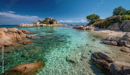 Sunny, clear turquoise water laps gently around rocks leading to a sandy beach