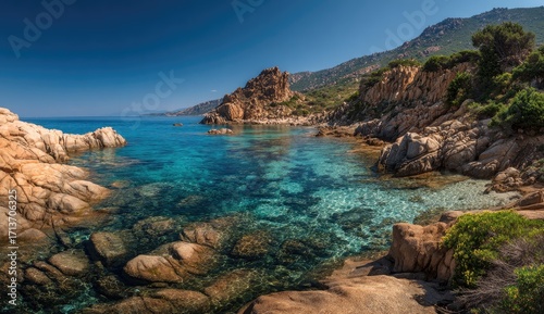 Coastal rocks, turquoise water, sunny day