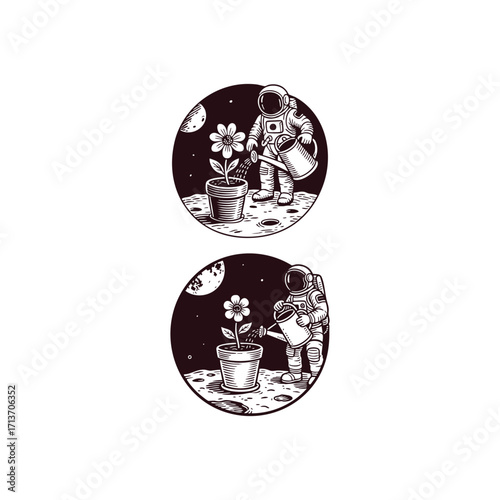 illustration featuring an astronaut in a spacesuit watering a potted flower on a moon. vector template