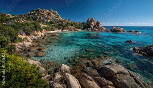 Pristine Mediterranean cove.  Crystal-clear turquoise water laps against rocky shoreline, fringed by scrub brush and hills. Sunny, vibrant colors