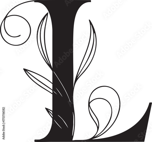 A Artistic stylized black letter Floral botanical alphabet "L" with floral design showcasing elegance and creativity in typography,  Letter with plants and flowers. Vector lettering isolated appearanc