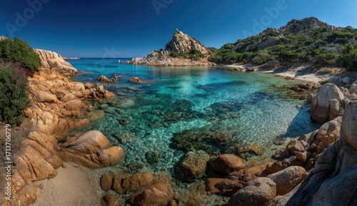 Sunny cove, crystal clear water, rocky shore