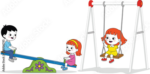 Children playing on seesaw and swing at playground, happy kids enjoying outdoor fun, cartoon illustration of joyful childhood moments