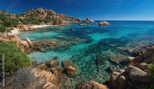 Sunny coastal view of a Mediterranean beach