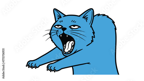 Sleepy Blue Cat: A captivating illustration of a sleepy blue cat mid-yawn, arms outstretched, revealing its pink mouth, perfectly capturing that moment of delightful tiredness.