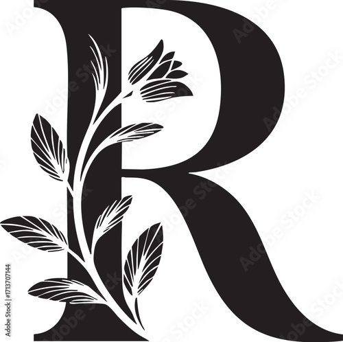 A Artistic stylized black letter Floral botanical alphabet "R" with floral design showcasing elegance and creativity in typography,  Letter with plants and flowers. Vector lettering isolated appearanc