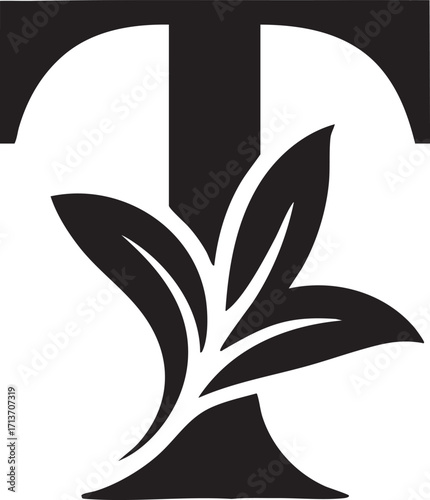 A Artistic stylized black letter Floral botanical alphabet "T" with floral design showcasing elegance and creativity in typography,  Letter with plants and flowers. Vector lettering isolated appearanc