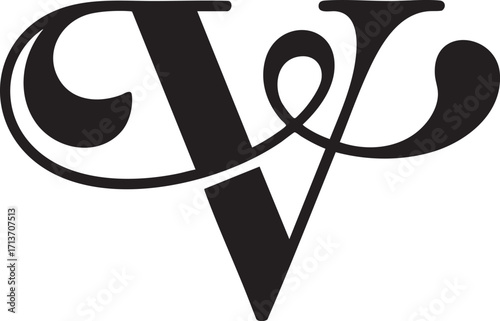 A Artistic stylized black letter Floral botanical alphabet "V" with floral design showcasing elegance and creativity in typography,  Letter with plants and flowers. Vector lettering isolated appearanc