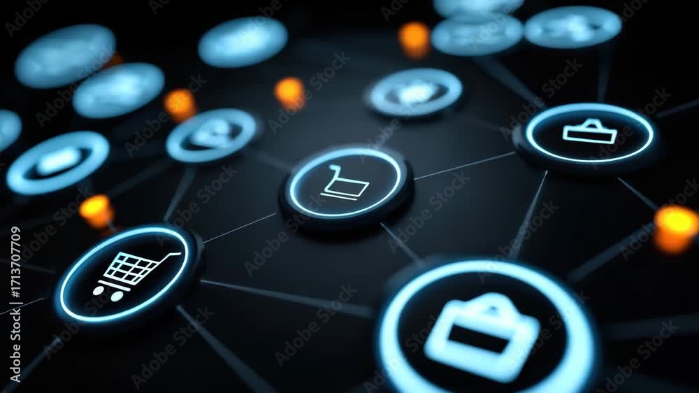Ecommerce digital network with glowing shopping cart and briefcase icons connected by lines on dark background symbolizing online business technology and connection in digital marketplace