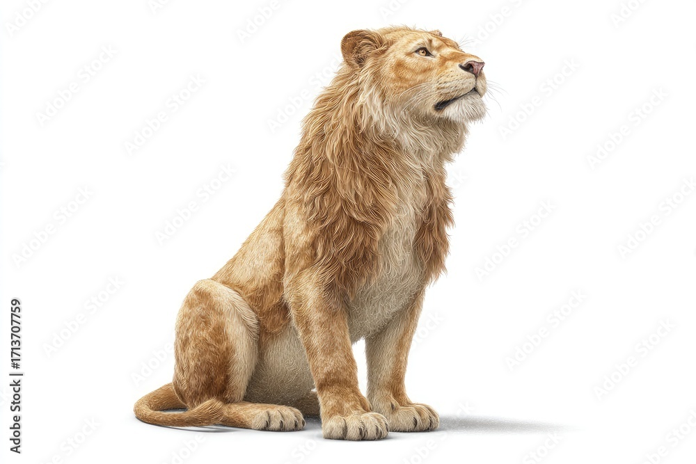 Obraz premium Lion seated, looking upward, against white