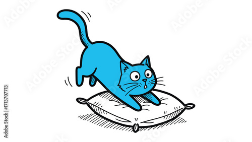 Curious Cat's Playtime: A playful illustration of a blue cat engaged in a playful interaction with a pillow, capturing its playful energy and inquisitive nature.