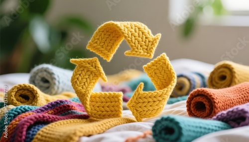 Recycle Symbol Made of Yarn Sustainable Knitting and Eco Friendly Crafts