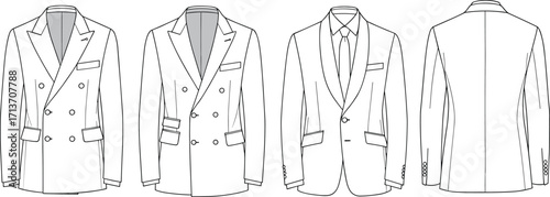 Men’s blazer cad flat vector illustration showing double-breasted and single-breasted suit jackets front and back technical fashion sketch.