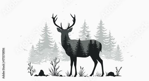 Silhouette of a majestic stag filled with a forest landscape