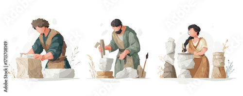 Ancient Sculptors Working on Stone Art Historical Craftsmanship and Artistic Expression in the Studio Environment