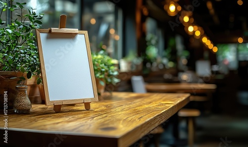 Empty white menu board on a wooden table in a restaurant.  Blurred cafe interior