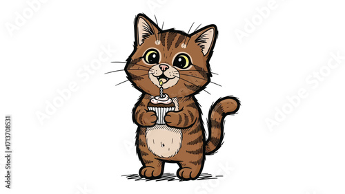 Cute cat with cupcake: A cute cartoon cat savoring a delectable cupcake, evoking joy and simple pleasures with its charming, inviting appeal. 