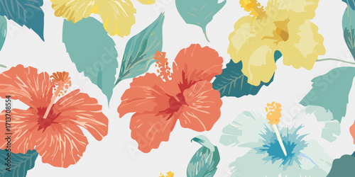 Colorful Hibiscus Floral Pattern A Tropical Paradise Design with Bright Blooms and Foliage