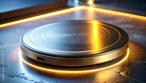 Futuristic metallic turntable with glowing orange light accents on a modern surface