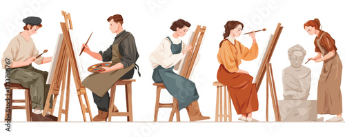 Artistic Gathering Students Sketching and Sculpting in an Art Studio Filled with Inspiration and Creativity