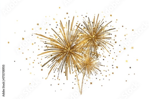 Three golden fireworks bursts with sparkling confetti on a white background