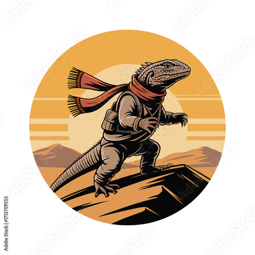 Adventurous lizard explorer standing on a peak with a scarf and backpack ready for the journey ahead