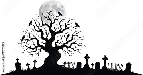 Silhouette of a spooky graveyard with a bare tree, crows, and a full moon, , a halloween scene