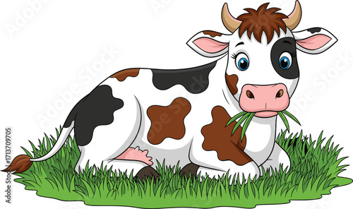 Cute cartoon cow lying on green grass, eating fresh blades of grass, friendly farm animal illustration, cheerful dairy cow character
