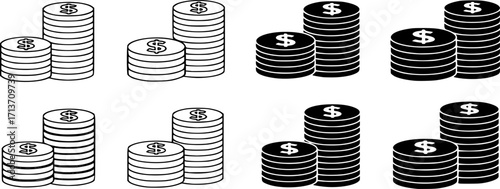 Coin Stacks Icon Set with Dollar Sign. Concept Savings, Investment, Wealth, Money, and Financial Assets Outline and Filled Icon vector illustration