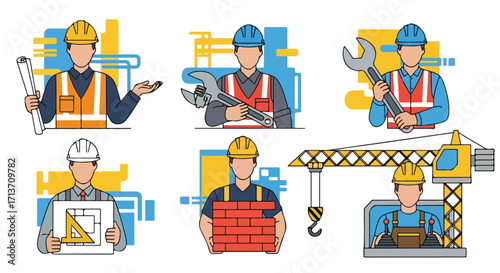 Construction Workers Icon Set Diverse Professions Vector Art