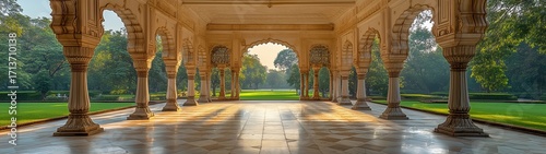 Majestic Indian Mughal architectural white marble corridor with intricate carvings, arched doorways leading to green lawn, geometric patterned floor, empty scene.