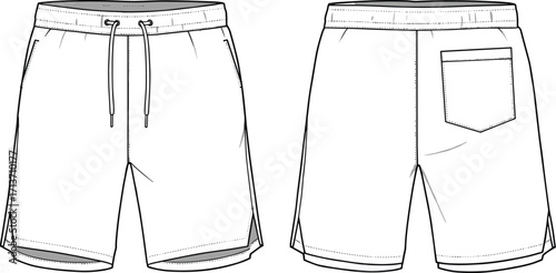Men’s drawstring casual shorts flat technical sketch, front and back view, fashion design CAD template, vector apparel illustration