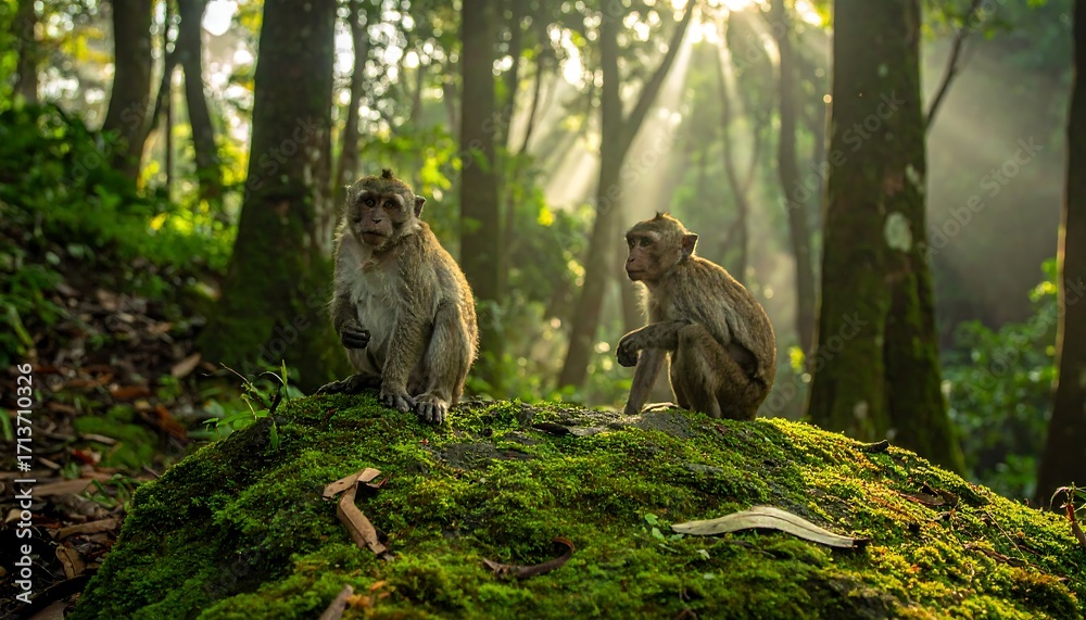 Obraz premium Two monkeys in a mossy forest