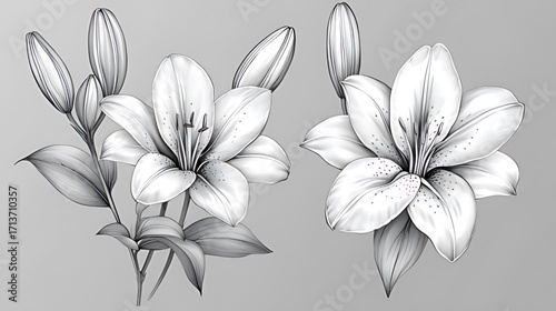 Grayscale Lily Illustrations on Solid Gray Background: Left Multi-Flower & Right Blooming Lily