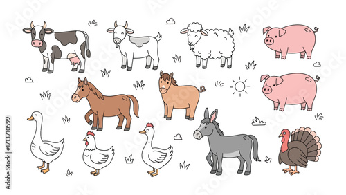 Farm Animal Collection: A charming collection of diverse farm animals, hand-drawn and set against a simple backdrop, bringing the pastoral charm and vibrant life of a farm directly to the viewers.