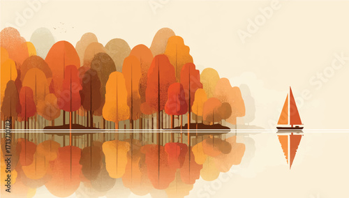 Autumn Forest Reflection in Calm Lake Water with Sailboat Peaceful Scenery Serene Landscape Dreamy Fall Day Nature Illustration