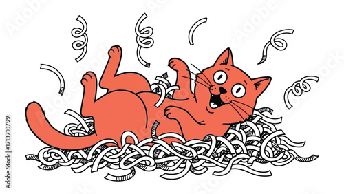 Joyful Cat: A playful cartoon cat rolls in a mountain of ribbons, experiencing an ecstasy of happiness. Capturing a moment of pure joy and lightheartedness.